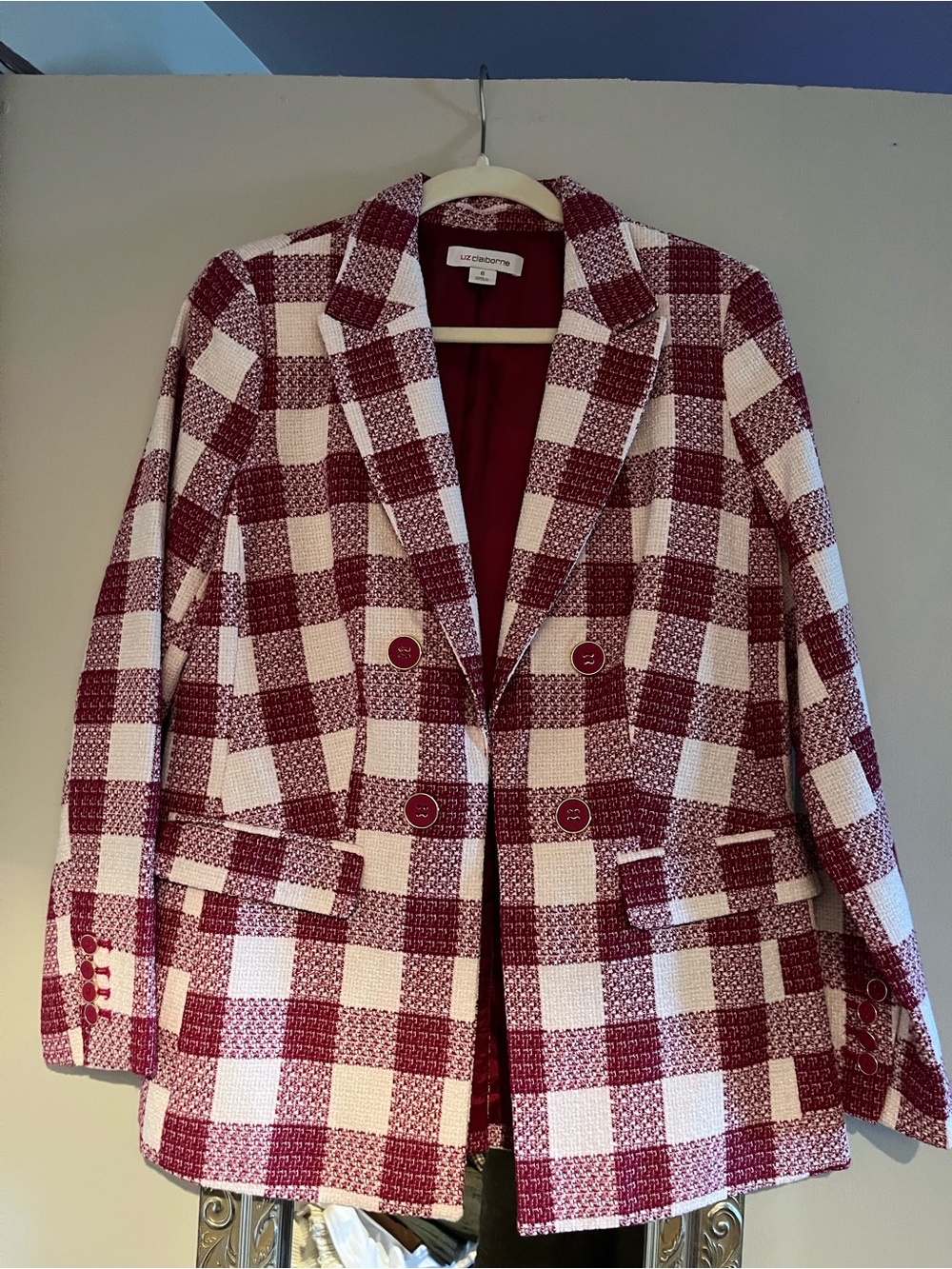 Liz Claiborne Burgundy and White Checked Double-Breasted Blazer
